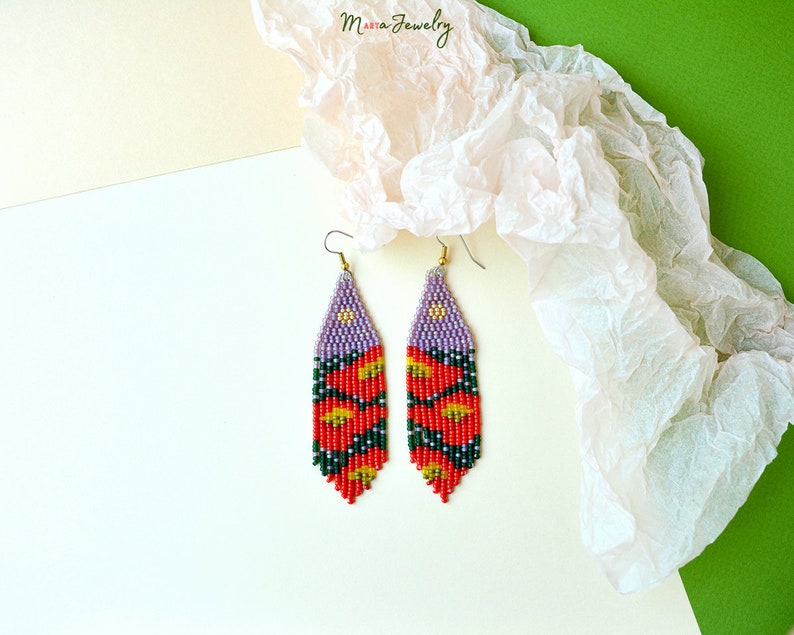 Mini fringe earrings with bright red poppy flowers with yellow center seed bead jewelry