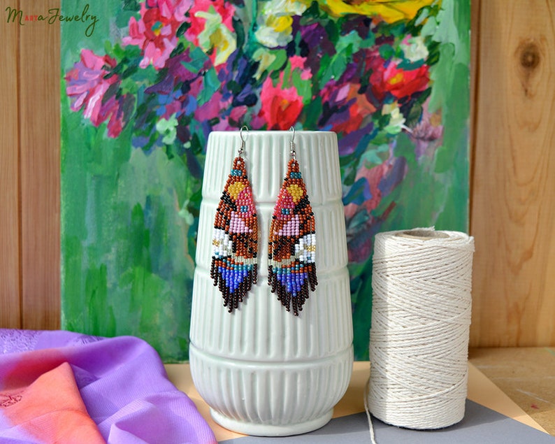 brown colorful Fringe earrings inspired by Wassily Kandinsky/'s abstract art