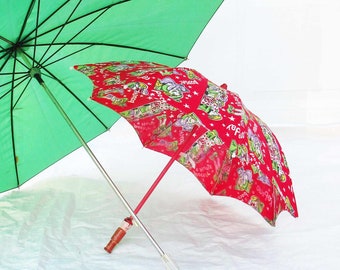 Child's Umbrella - Fun Red Umbrella With Red Wood Shaft and 'Doll' Handle - Plastic Tipped Stretchers - Bright Red Umbrella