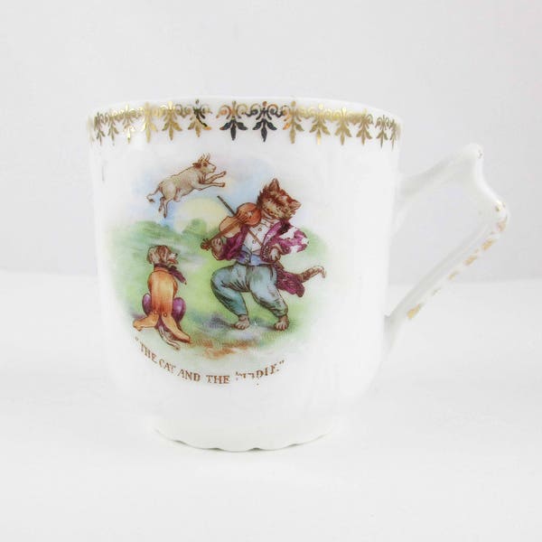 Tiny, Demi-size Paste Porcelain Cup - 'The Cat and the Fiddle' - Dog in Coattails - Cow and Moon - Super Detailed 2 3/4" Tall Cup - Collect