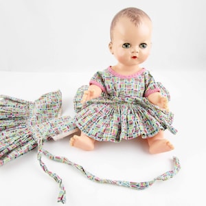 Two Dolly Dresses - 10&quot; and 12&quot; Doll Dresses - &#39;40s or &#39;50s  Fabric - Piping With Snap Backs - Teal, Black, Lime Green and Hot Pink