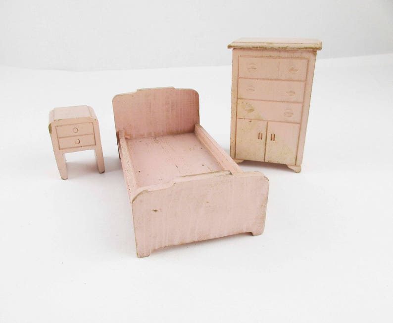 Wood Dollhouse Furniture Vintage 1940s Dollhouse Furniture Pink Painted Wood Bed Chest Of Drawers Nightstand Miniature Furniture