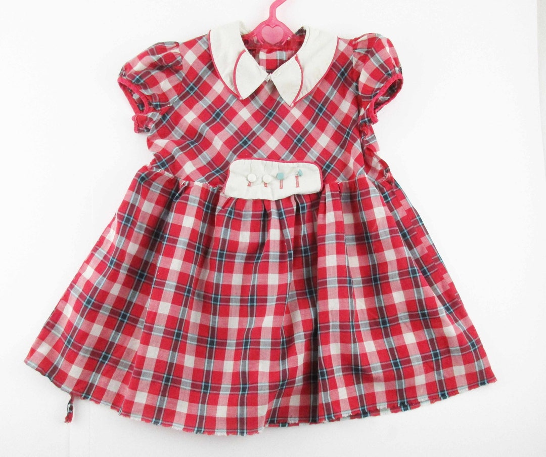 Vintage 1950s Little Girl's Dress Cotton Red Plaid Shabby Fun Full ...