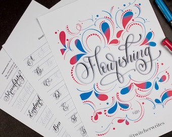 Flourishing Practice Sheets (Brush Lettering/Flourishing Printables, 32 Step by Step Practice Sheets)