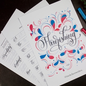 Flourishing Practice Sheets (Brush Lettering/Flourishing Printables, 32 Step by Step Practice Sheets)