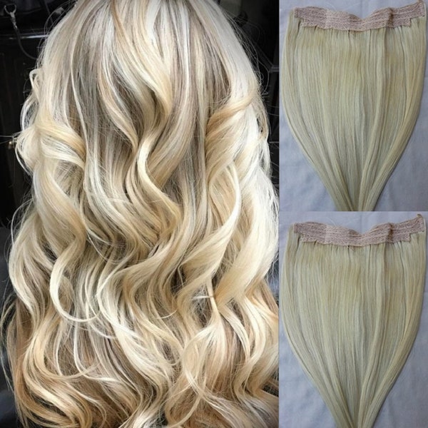 18" One Piece Human Hair Extensions, Hairband with an adjustable invisible wire Fishing String, 80 grams #60 White Blonde