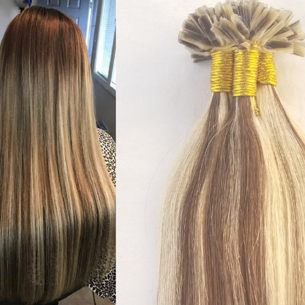 22" Remy Straight Pre collé Keratin U Tip Human Hair Extensions 100 grammes 100 brins, Color #4/613 Dark Brown with Platinum Blonde