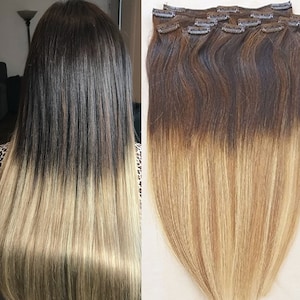 24″ Ombre Balayage Clip in Hair Extensions Real Human Hair Clip on for Full Head 7 pieces, 14 clips # T2-18/613
