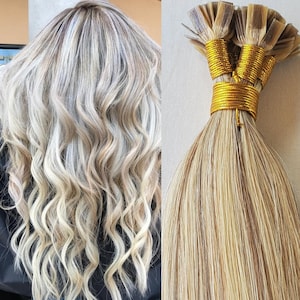 Hair Faux You 22&quot; 100g ,100 strands ,Flat Tip Fusion Keratin Pre Bonded Remy Human Hair Extensions #18/613 Dark Blonde with Platinum Blonde