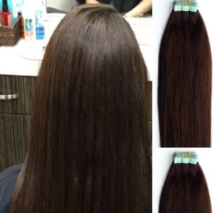 Hair Faux You 18" Tape in Hair Extensions Remy Human Hair Glue in Extensions Color #2 Darkest Brown