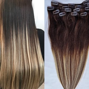 20″ Ombre Balayage Clip in Hair Extensions Real Human Hair Clip on for Full Head 7 pieces, 14 clips # T2-6/613