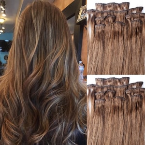 18&quot; Clip in Hair Extensions Real Human Hair 80 gram Clip on for Full Head 7 pieces, 14 clips, Weft Remy Hair # 6 Medium Chestnut Brown
