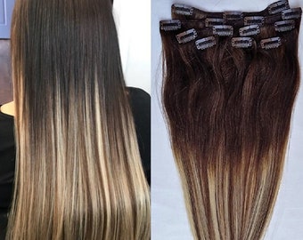 24″ Ombre Balayage Clip in Hair Extensions Real Human Hair Clip on for Full Head 7 pieces, 14 clips # T2-6/613