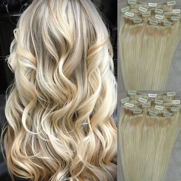 18" Clip in Hair Extensions Real Human Hair 80g Clip on for Full Head 7 pieces, 14 clips, Weft Remy Hair Color # 60 White Blonde