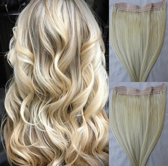 18 One Piece Human Hair Extensions Hairband With an Adjustable Invisible Wire Fishing String 80 Grams 60 White Blonde Etsy