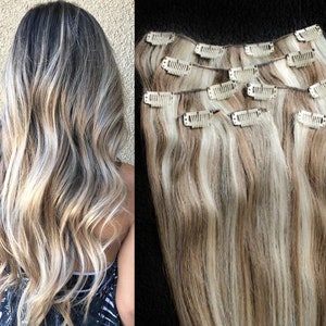 18&quot; Clip in Hair Extensions Real Human Hair 80 gram Clip on for Full Head 7 pieces, 14 clips, Weft Remy Hair #8/613