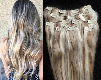 18" Clip in Hair Extensions Real Human Hair 80 gram Clip on for Full Head 7 pieces, 14 clips, Weft Remy Hair #8/613