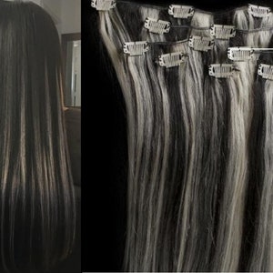 20" Clip in Hair Extensions Real Human Hair 90 gram Clip on for Full Head 7 pieces, 14 clips, Weft Remy Hair # 1B/613