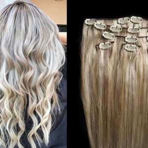 18&quot; Clip in Hair Extensions Real Human Hair 80 gram Clip on for Full Head 7 pieces, 14 clips, Weft Remy Hair #18/613