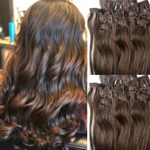 18&quot; Clip in Hair Extensions Real Human Hair 80 gram Clip on for Full Head 7 pieces, 14 clips, Weft Remy Hair # 4 Dark Brown