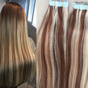 Hair Faux You 20" Highlighted Tape in Hair Extensions Remy Human Hair Glue in Extensions Color #4/613