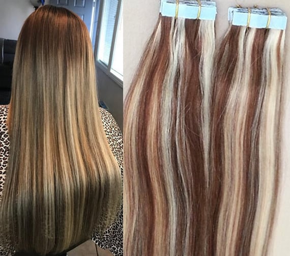 Hair Faux You 20 Highlighted Tape In Hair Extensions Remy Human Hair Glue In Extensions Color 4 613