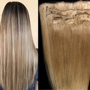 24&quot; Clip in Hair Extensions Real Human Hair 100 gram Clip on for Full Head 7 pieces, 14 clips, Weft Remy Hair # 18 Dark Blonde