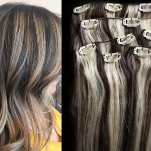 18" Clip in Hair Extensions Real Human Hair 80 gram Clip on for Full Head 7 pieces, 14 clips, Weft Remy Hair # 2/613