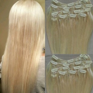 18&quot; Clip in Hair Extensions Real Human Hair 80g Clip on for Full Head 7 pieces, 14 clips, Weft Remy Hair Color # 613 Platinum Blonde