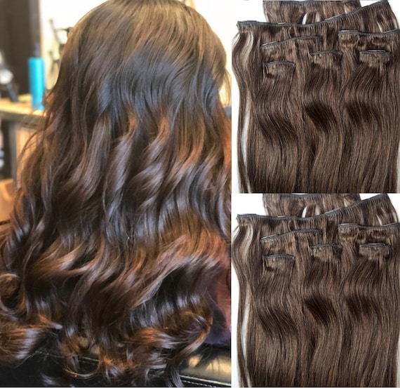 20 Clip in Hair Extensions Real Human Hair 90 gram Clip on for Full Head 7 pieces 14 clips Weft Remy Hair 4 Dark Brown