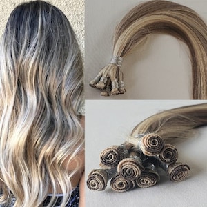 18&quot;, 20″, 22&quot; Hand-Tied Weft Hair, 8 Bundles, 100 grams,100% Human Remy Hair Extensions #7/60 Ash Blonde With White Blonde (Slightly Golden)