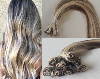 18", 20″, 22" Hand-Tied Weft Hair, 8 Bundles, 100 grams,100% Human Remy Hair Extensions #7/60 Ash Blonde With White Blonde (Slightly Golden)