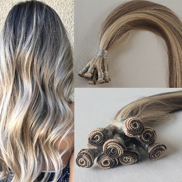 18", 20″, 22" Hand-Tied Weft Hair, 8 Bundles, 100 grams,100% Human Remy Hair Extensions #7/60 Ash Blonde With White Blonde (Slightly Golden)