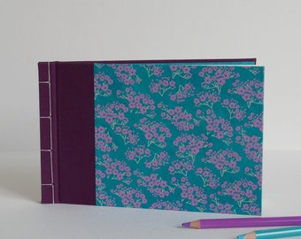 Purple Flowers notebook, guest book or drawing notebook. Japanese bound notebook, 20x13 cm, 80 white pages.