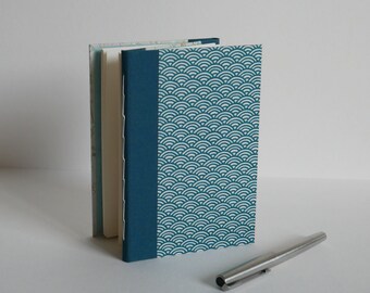 Back-to-back notebooks, Japanese paper covers, wave patterns and cherry blossoms.  10x15 cm, 80 blank pages.