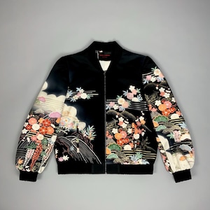 Handmade Silk Bomber Jacket | Large | Vintage Japanese Kimono Fabric | Cloud Waterfall & Blossom Design | Unique Statement Piece