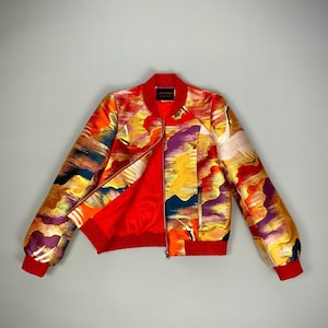 Handmade Silk Bomber Jacket | XS | Vintage Japanese Kimono Fabric | Iridescent Gold Red Glitter Crane Cloud Design | Unique Statement Piece
