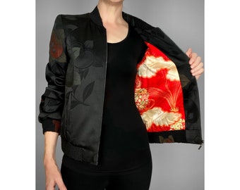 Size S unique bomber jacket | black silk crepe with Persimmon design | handmade from vintage Japanese Haori kimono fabric | fully lined