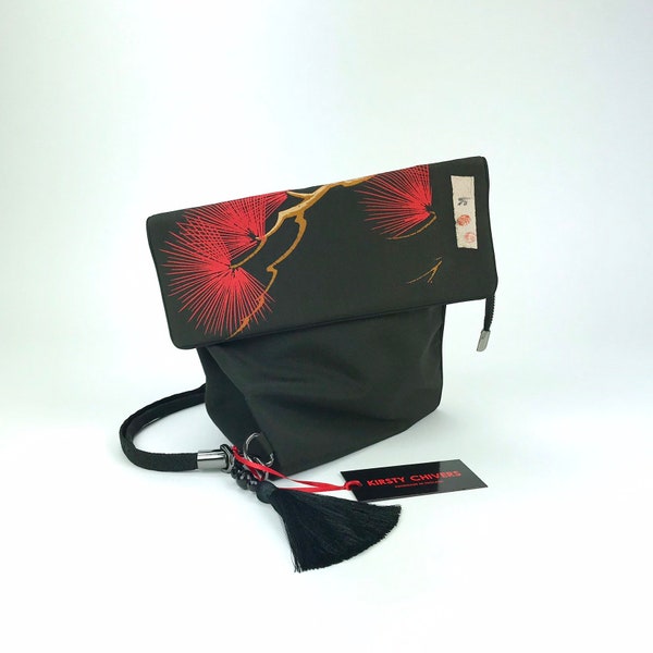 Crossbody / shoulder bag: unique black Matsu pine vintage Japanese Haori silk with 2 detachable straps, tassel, Onyx beads, silk lining