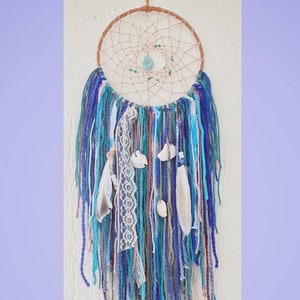 Boho Natural Beachy Dreamcatcher Blue Green Beads Feathers Shells Home Decor Wall Decor Gems Geode Tribal Native Spiritual Art Beach Colors