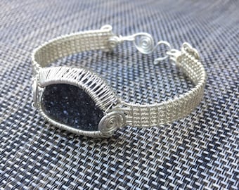 Natural Black Druzy Bracelet, Sterling Silver Bracelet, Druzy Jewelry,  Metaphysical, Healing Crystals, Gifts for Her, Boho