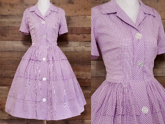 1950s Dress M Medium Cotton Gingham Shirtwaist Dre