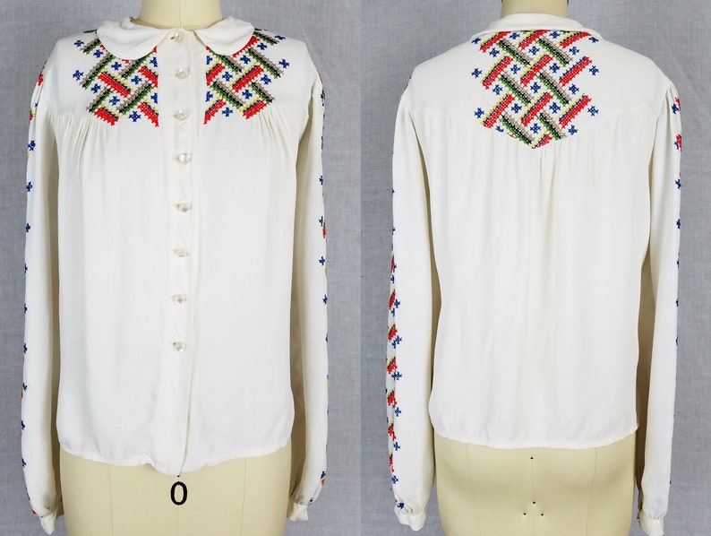1940s Blouse 40s Blouse Embroidered Blouse Cross Stitched Blouse Traditional Russian Design Button Down Blouse White Blouse