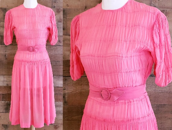 1930s Pink Rayon Crepe Chiffon Dress S Small M Med