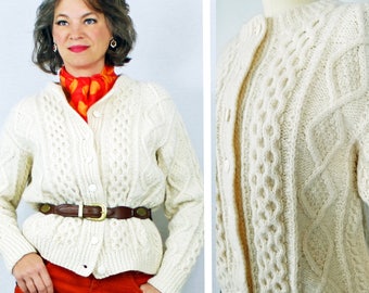 1950s 50s Cardigan Sweater / Aran Wool Cardigan Sweater / Irish Wool Cardigan Sweater / Hand Knit Cable Knit Vintage Sweater / Size 6 8