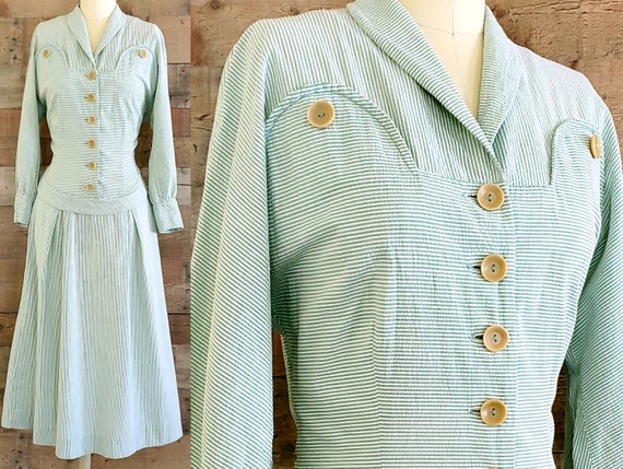1940s Dress S Small Green Seersucker Shirt Dress