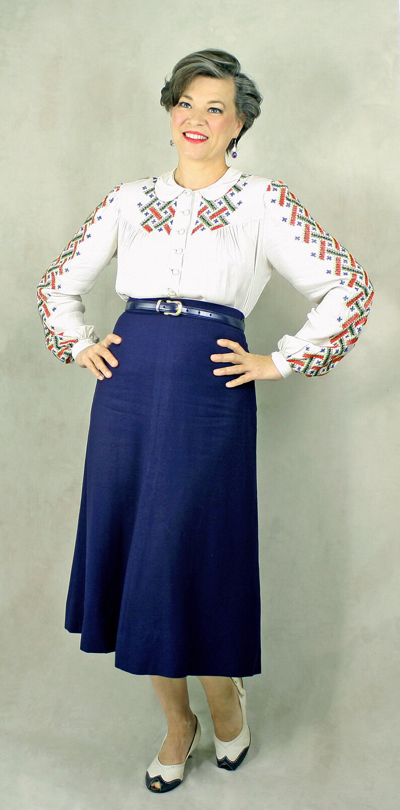 1940s Blouse 40s Blouse Embroidered Blouse Cross Stitched Blouse Traditional Russian Design Button Down Blouse White Blouse
