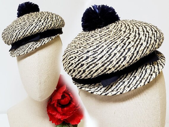 1960s 60s Vintage Raffia Newsboy Cap - Navy Blue a