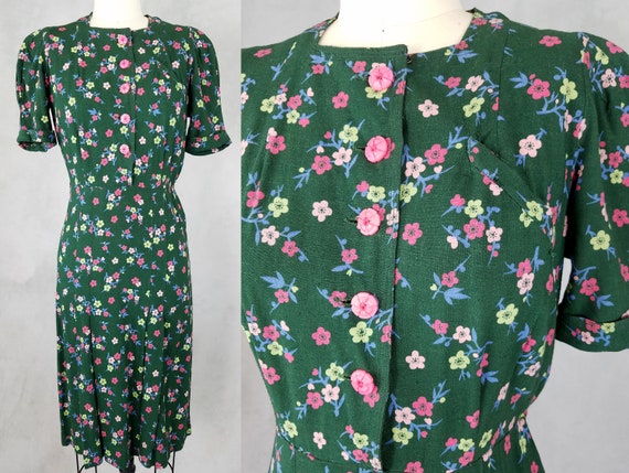 30s Dress / 1930s Dress / Rayon Dress / Green Floral Dress / | Etsy