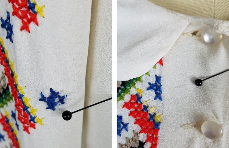1940s Blouse 40s Blouse Embroidered Blouse Cross Stitched Blouse Traditional Russian Design Button Down Blouse White Blouse